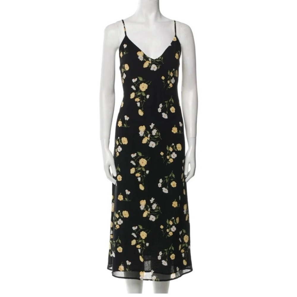 Reformation black floral v neck dress with sash tie
